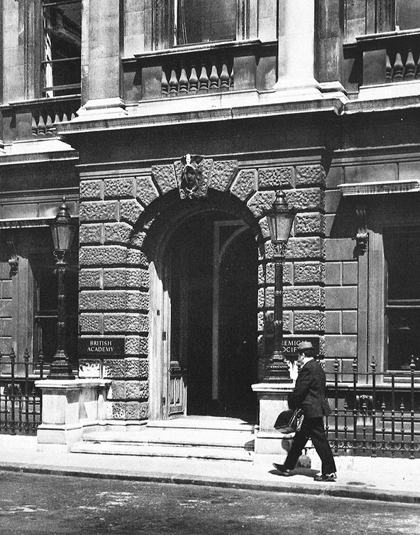 A back and white picture of the entrance to the Burlington House