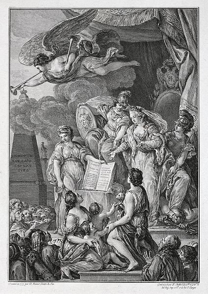 Allegorical scene. Catherine surrounded by guards, servants, civilians and angel blowing trumpet on cloud.