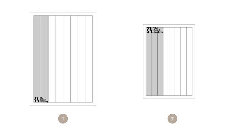 Diagram showing spacing of the British Academy logo left-aligned on documents