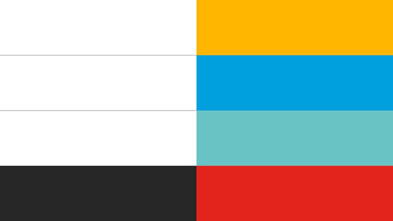 Grid showing colour combinations of white, black, yellow, blue, teal and red