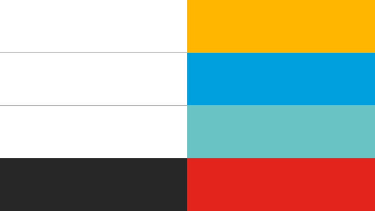 Grid showing colour combinations of white, black, yellow, blue, teal and red