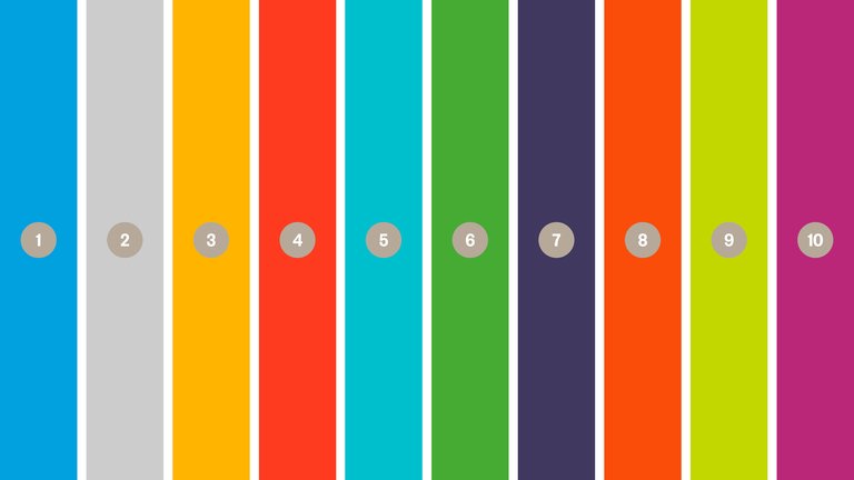 Columns of colour in blue, grey, yellow, red, teal, greenpurple, orange and pink
