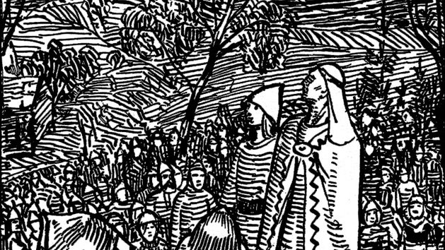 A black and white illustration with Astrid at the centre, surrounded by subjects.