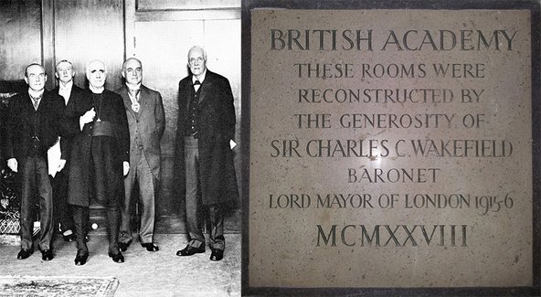 The attendees of the opening of the Academy’s rooms in Burlington Gardens and the plaque recognising the generosity of Sir Charles Wakefield.