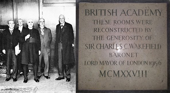 The attendees of the opening of the Academy’s rooms in Burlington Gardens and the plaque recognising the generosity of Sir Charles Wakefield.