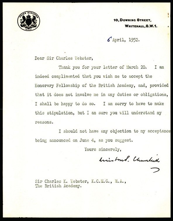Letter from the Prime Minister, Winston Churchill, accepting the Honorary Fellowship of the British Academy in 1952. (The letter’s black border marks the death of the King earlier that year.)