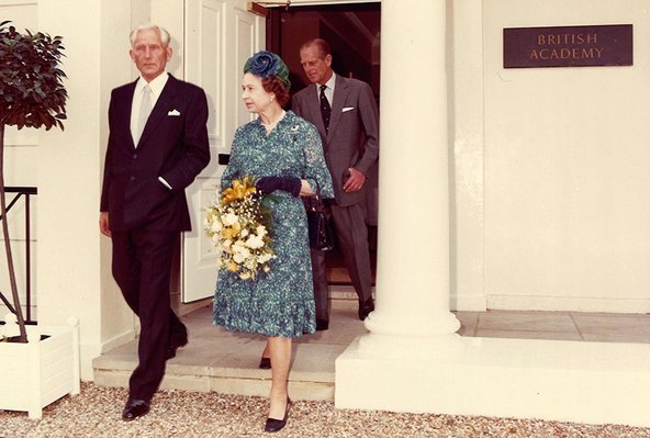 The President of the British Academy escorts the Queen and Prince Philip as they leave the British Academy’s new premises at 20-21 Cornwall Terrace NW1.