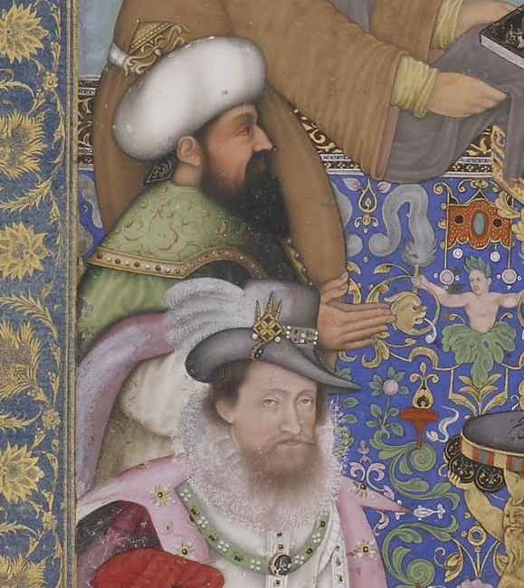 Bichitr, detail of Ottoman Sultan and James I of England, Jahangir preferring a Sufi Shaikh to Kings