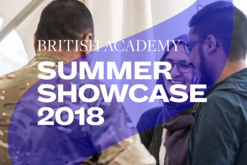 Summer Showcase 2018 translucent branding and typography over an image of two men and a woman talking