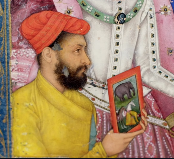 Bichitr, detail of self-portrait, Jahangir preferring a Sufi Shaikh to Kings