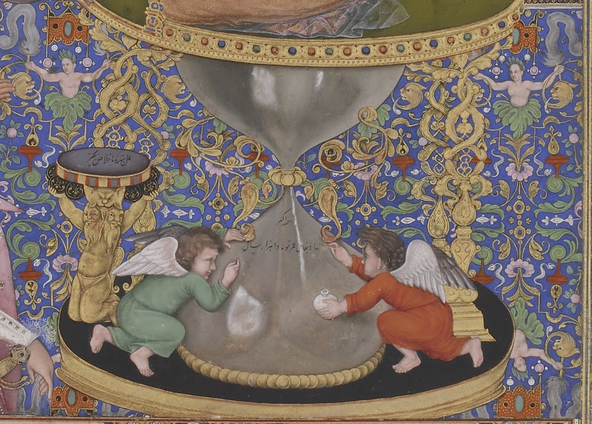 Bichitr, detail of hourglass, Jahangir preferring a Sufi Shaikh to Kings