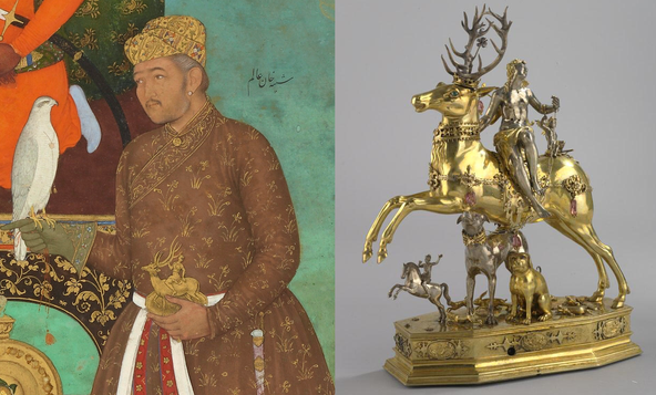 Khan Alam holding a European automaton of Diana and the Stag