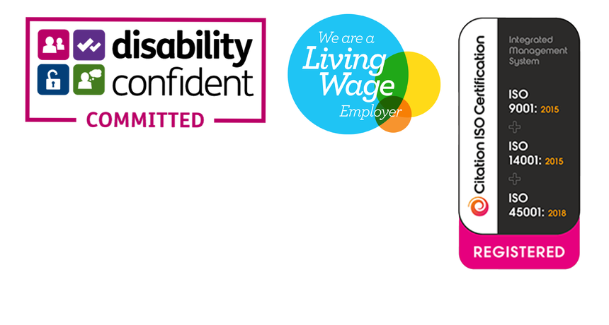 Three accreditation badges side by side, showing that the British Academy is a Disability Confident employer, a Living Wage Employer, and has ISO certifications uality, environmental and occupational health and safety management systems.