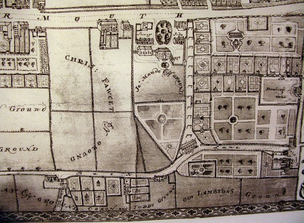 Detail of John Rain’s ‘An Eye Plan of Sunderland and Bishop Wearmouth from the South’, 1785, Sunderland Antiquarian Society, showing Quaker Ebenezer Wardell’s Sunnyside (the name appears either side of his garden centrepiece, top centre).  Reproduced by permission of the Sunderland Antiquarian Society.