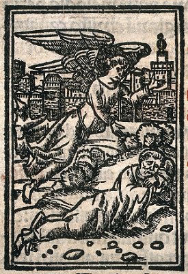 An angel appearing to a sleeping man. Woodcut. Credit: Wellcome Collection. CC BY