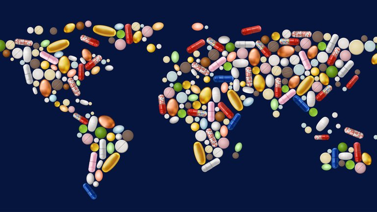 A map of the world made out of tablets and pills