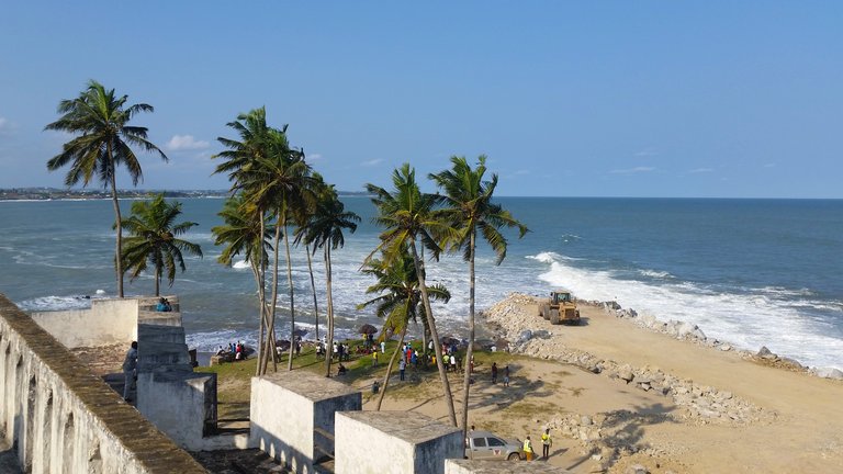 Reinforcement of sea defences underway outside UNESCO property of Elmina castle, Ghana, 2017