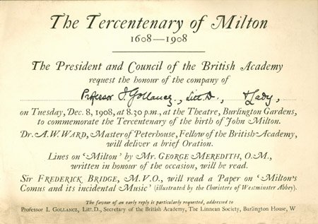Tercentenary of Milton invitation (BAR 12)