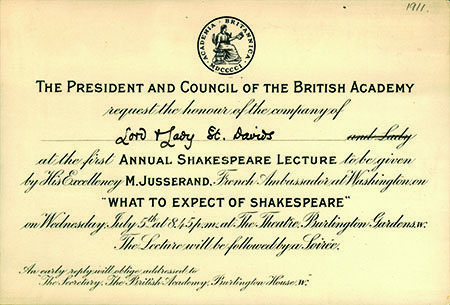 Shakespeare Lecture invitation, 1911 (BAR 25)