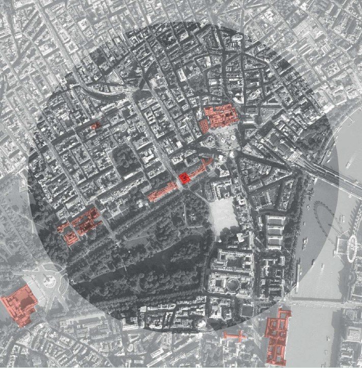 Aerial view of central London with Buckingham Palace, Parliament and other key landmarks highlighted.