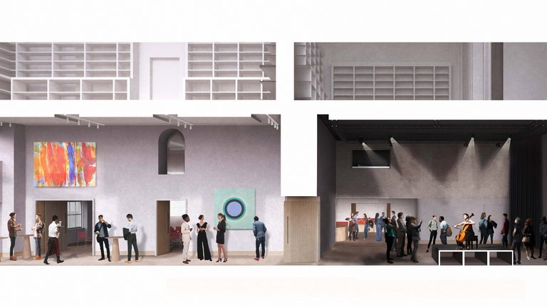 Artist's impression of the new lower ground floor Mall and SHAPE rooms in cross section, depicting an art exhibition and a music concert