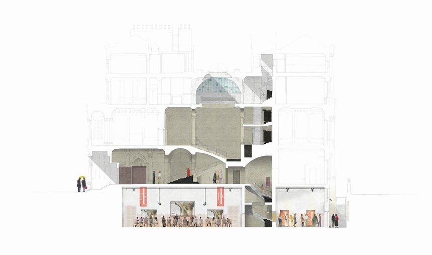 Artist&#x27;s impression of the ground and lower ground floors of the British Academy in cross section, with an exhibition taking place across two rooms on the lower ground floor