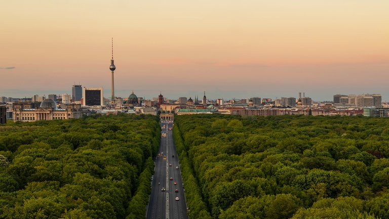 Berlin skyline with landmarks Brandenburg Gate and Television Tower, and with the Tiergarten forest in the foreground.