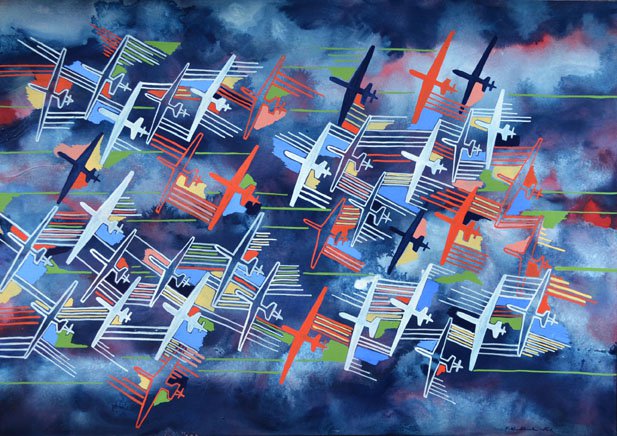 Colourful, bright image of multiple overlapping drones
