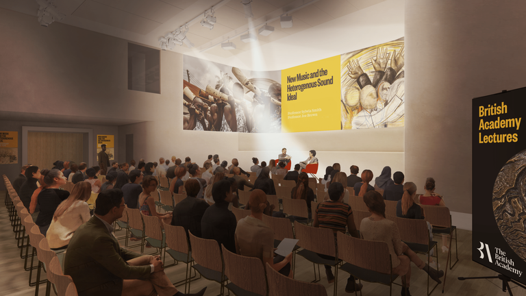 A digital image of the reimagined new events spaces in the Academy building with a crowd listening to an event