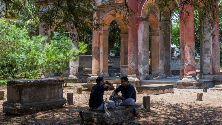 Two people sitting and talking in a serene, shaded area with old, weathered arches and dense foliage in the background.