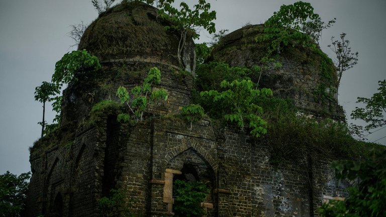 Overgrown ruins of a historical stone structure covered in lush greenery, under a cloudy sky.