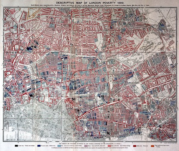 Map created by Charles Booth with the title "Descriptive Map of London Poverty 1889"