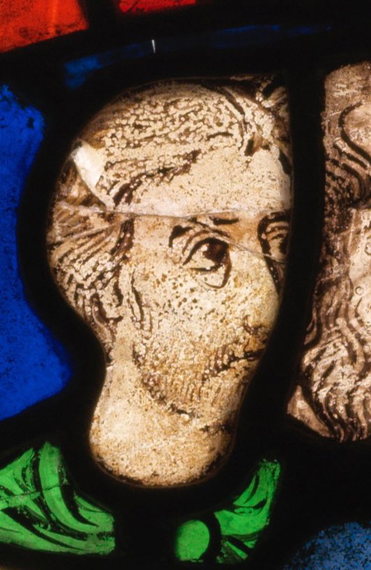 Closeup of pilgrims head in earliest known depiction of Canterbury pilgrims