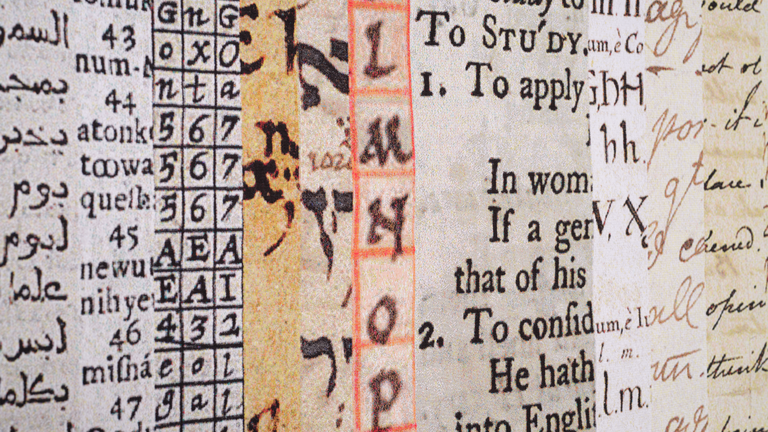 Mary Lum's tapestry, St John's Primer, comprising fragments of texts and symbols from many languages, fields of study, cultures and time periods