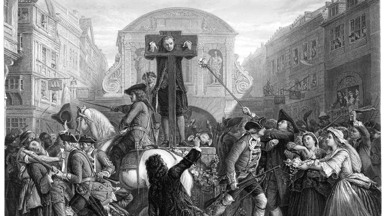Vintage engraving from 1868 showing the writer Daniel Defoe in the Pillory.