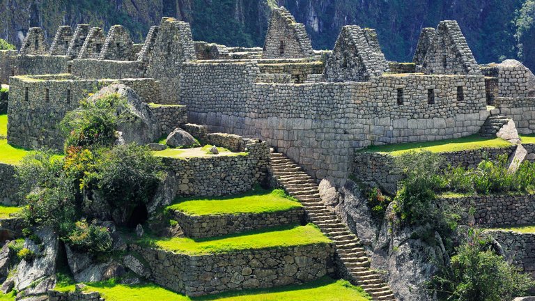 Architectural detail of Machu Picchu, showing the industrial complex area of the city.