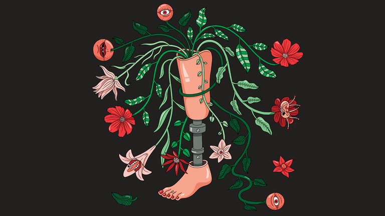 Illustration of a prosthetic leg with flowers by Lynne Zakhour