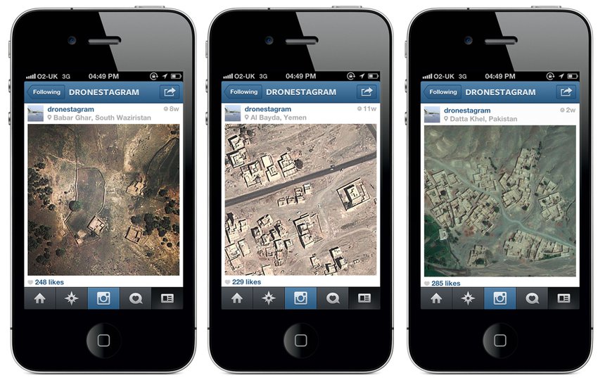 Three iPhones showing pictures of drones on a social media platform