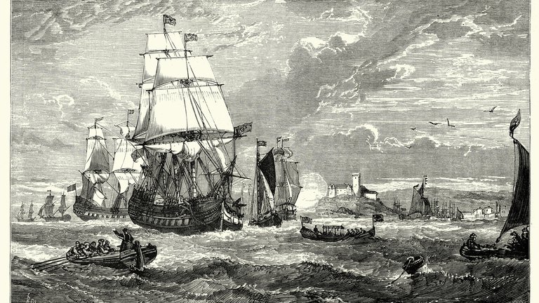 Vintage engraving of the first fleet of the East India Company leaving Woolwich, 1601