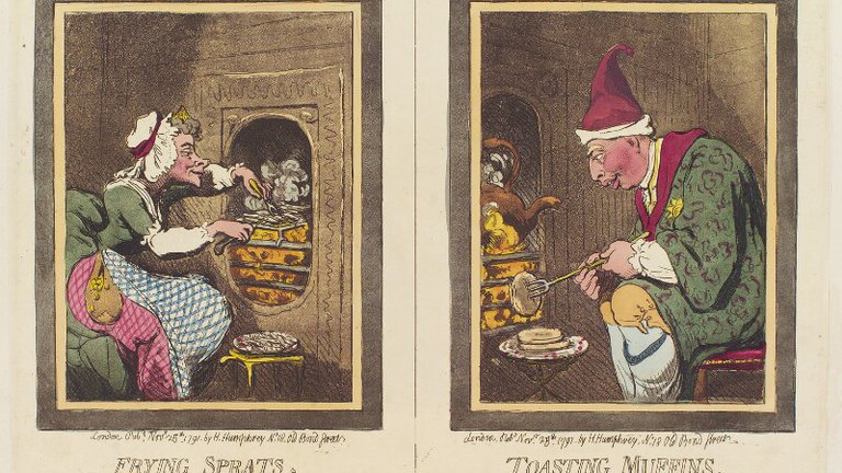 Contemporary cartoon depicting a woman and a man, each tending a stove. The woman is "frying sprats" and the man is "toasting muffins".