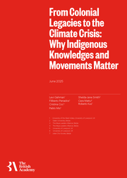 Cover image of the 'Colonial Legacies' GCRF Briefing. The title of the briefing is displayed in white text against a red background.