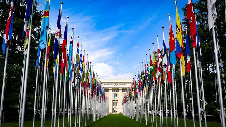 Flags fly outside the General Secretariat Building at the United Nations Headquarters