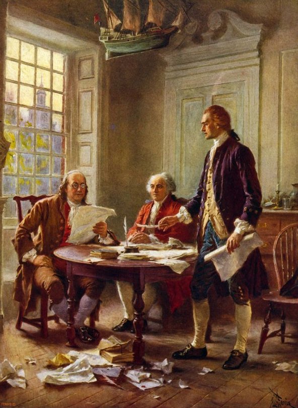 Painting from circa 1754: Writing the Declaration of Independence, 1776': Benjamin Franklin, left, John Adams meeting at Thomas Jefferson's, standing, lodgings in Philadelphia to study a draft of the document
