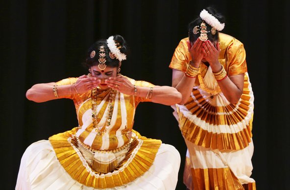 Indian dancers perform a classical Mohiniyattam.
