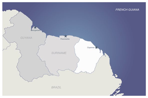 Map depicting French Guiana, Suriname and Guyana and their borders with Brazil.
