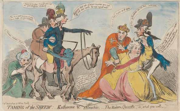Print of hand-coloured etching by James Gillray on 'Taming of the Shrew'