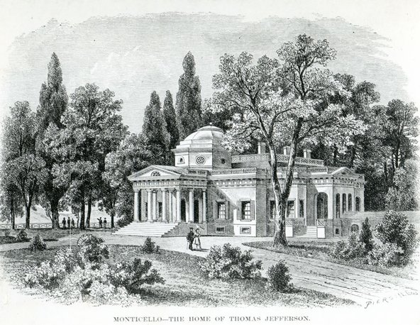 Engraving depicts Monticello, the home of Thomas Jefferson, Charlottesville, Virginia, nineteeth century.