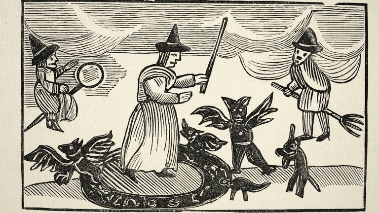 18th-century illustration of Mother Shipton casting a spell