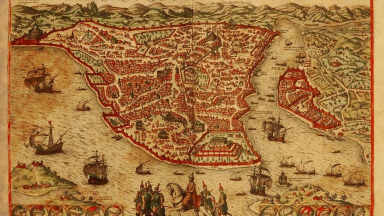 Old engraving depicting map of Constantinopolis (Istanbul). Printed in 1572 by Braun and Hogenberg in Civitates Orbis Terrarum