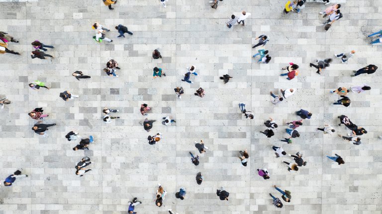 Ariel shot of crowd of people walking